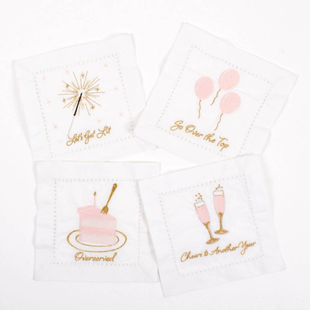 NEW 8 OAK LANE birthday girl 4pc cloth cocktail napkin set in white